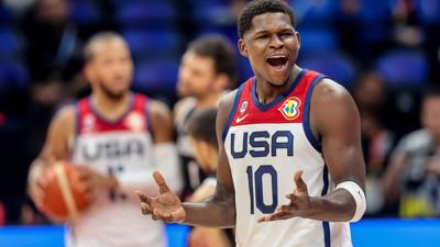 Anthony Edwards of the United States reacts during the Group C match between the United States and Jordan at the 2023 FIBA World Cup in Manila, the Philippines, Aug. 30, 2023. (Photo by Rouelle Umali/Xinhua via Getty Images)
