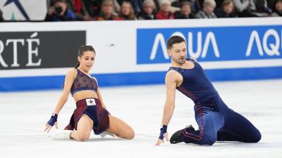 MONTREAL, CANADA - MARCH 23 : Lilah Fear and Lewis Gibson of Great Britain compete in Ice Dance Free Dance during World Figure Skating Championships 2024 in Montreal, Quebec, Canada on March 23, 2024. (Photo by Mert Alper Dervis/Anadolu via Getty Images)