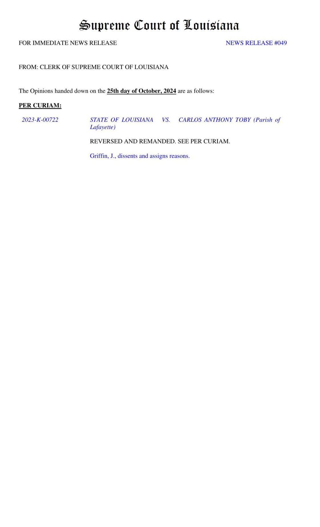Opinion of Louisiana Supreme Court to Reverse Third Circuit Court of Appeal Ruling on Carlos Toby